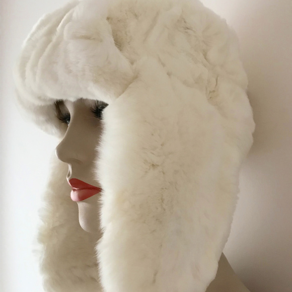 Ivory Genuite Rabbit Fur Hat Ushanka, Handmade Luxurious Winter Fashion